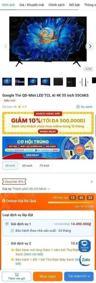 Tivi TCL 55C6KS 55" 4K QLED - Tình trạng như mới - 12 triệu VND