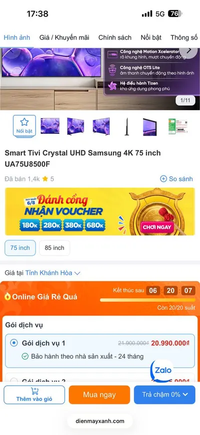 삼성 75인치 중고 텔레비전 – 새것처럼 양호 – 1,250만 VND
