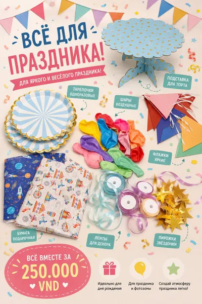 Набор украшений для вечеринки и торта – подставка для торта, тарелочки, ленточки, флажки, звездочки на веревочке, упаковочная бумага, упаковка воздушных шаров