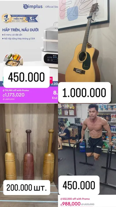 Bộ nhiều sản phẩm: xà ngang di động, đàn guitar, nồi hấp, gậy Ấn Độ