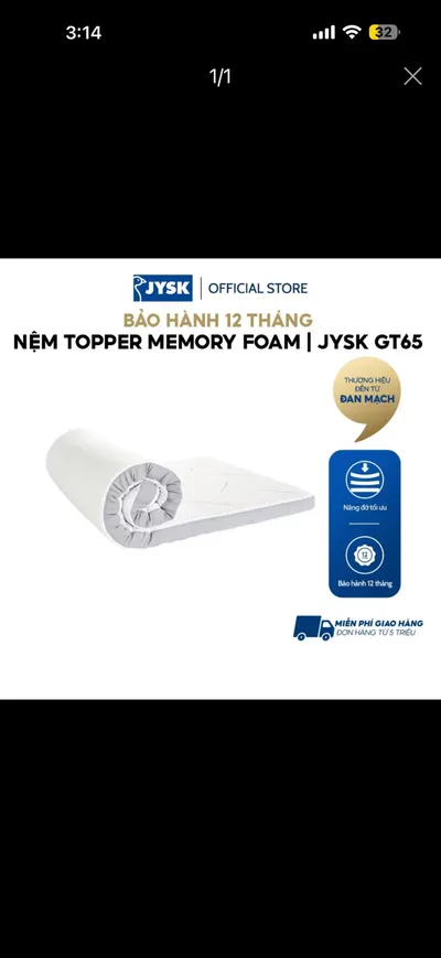 JYSK 메모리 폼 매트리스 토퍼 – 180×200cm, 8cm, 거의 새것 – 3.8M VND