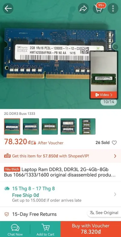 4 RAM Modules (DDR2/DDR3) – 70,000 VND Total