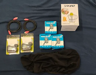 Bundle Sale: HDMI Cables, Bike Lock, Phone Holder, Juicer, Seat Cover & Fishing Net