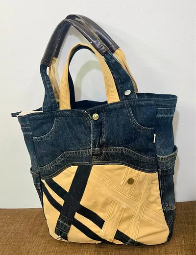 Upcycled denim tote bag with laptop compartment